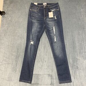Trendy Collection Jeans Women 12 Blue Denim Cotton Distressed Zip Fly Skinny Leg